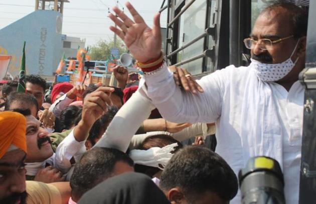 Punjab BJP chief Ashwani Sharma being taken to Circuit House soon after the launch of the Insaaf March against the alleged atrocities on Scheduled Castes, in Jalandhar on Thursday. (HT Photo) Punjab BJP chief Ashwani Sharma being taken to Circuit House soon after the launch of the Insaaf March against the alleged atrocities on Scheduled Castes, in Jalandhar on Thursday. (HT Photo)