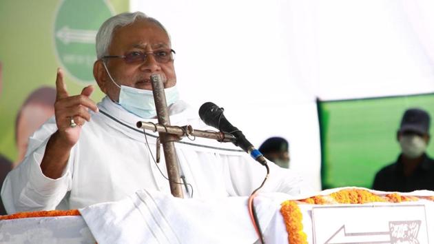 Patna, India - October 21, 2020: Bihar Chief Minister Nitish Kumar addresses the gathering during an election campaign rally in Saran, Bihar, India, on Wednesday, Oct 21, 2020. (Photo by Santosh Kumar/ Hindustan Times)