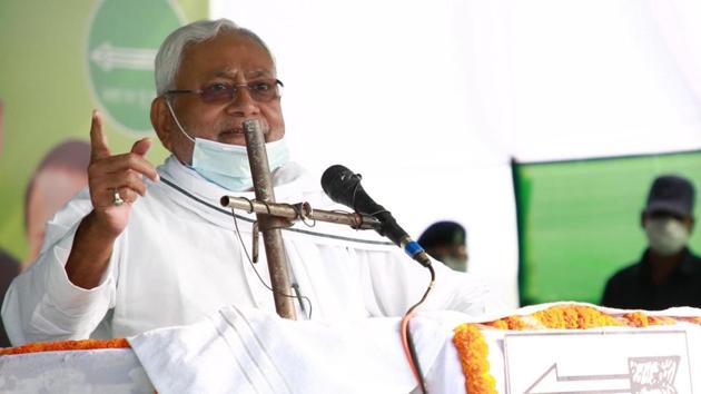 Patna, India - October 21, 2020: Bihar Chief Minister Nitish Kumar addresses the gathering during an election campaign rally in Saran, Bihar, India, on Wednesday, Oct 21, 2020. (Photo by Santosh Kumar/ Hindustan Times) Patna, India - October 21, 2020: Bihar Chief Minister Nitish Kumar addresses the gathering during an election campaign rally in Saran, Bihar, India, on Wednesday, Oct 21, 2020. (Photo by Santosh Kumar/ Hindustan Times)