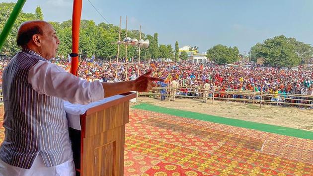 Defence minister Rajnath Singh addresses a gathering during an election meeting, at Kahalgaon in Bhagalpur district on Wednesday. (PTI Photo) Defence minister Rajnath Singh addresses a gathering during an election meeting, at Kahalgaon in Bhagalpur district on Wednesday. (PTI Photo)