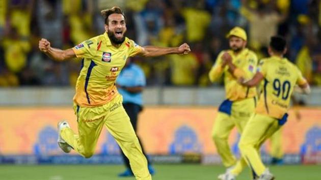 File photo of CSK bowler Imran Tahir celebrating the wicket of MI batsman Ishan Kishan during the Indian Premier League 2019 final.(PTI)