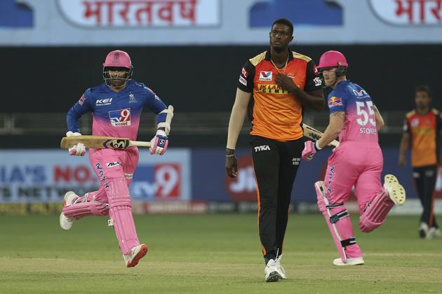 Dubai: Sunrisers Hyderbad player Jason Holder during the Indian Premier League 2020 cricket match against Rajasthan Royals, at Dubai International Cricket Stadium, in Dubai, Thursday, Oct. 22, 2020. (PTI Photo/Sportzpics for BCCI)(PTI22-10-2020_000188B) (PTI)