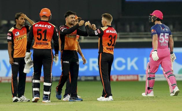 Dubai: Sunrisers Hyderbad players celebrate the wicket of Rajasthan Royals batsman Ben Stokes during the Indian Premier League 2020 cricket match, at Dubai International Cricket Stadium, in Dubai, Thursday, Oct. 22, 2020. (PTI Photo/Sportzpics for BCCI)(PTI22-10-2020_000205A) (PTI)