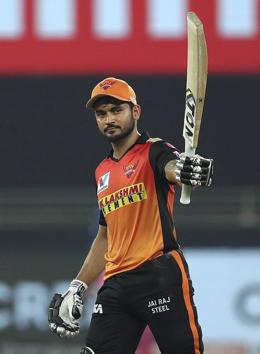 Dubai: Sunrisers Hyderbad batsman Manish Pandey celebrates his half century during the Indian Premier League 2020 cricket match against Rajasthan Royals, at Dubai International Cricket Stadium, in Dubai, Thursday, Oct. 22, 2020. (PTI Photo/Sportzpics for BCCI)(PTI22-10-2020_000236B) (PTI)