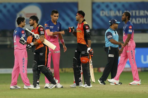 Dubai: Sunrisers Hyderbad players after winning the match during the Indian Premier League 2020 cricket match against Rajasthan Royals, at Dubai International Cricket Stadium, in Dubai, Thursday, Oct. 22, 2020. (PTI Photo/Sportzpics for BCCI)(PTI22-10-2020_000245B) (PTI)