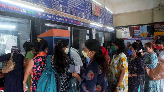 Women passengers stand in the queue at the ticket window at Borivali Railway Station, in Mumbai on Wednesday. (ANI) Women passengers stand in the queue at the ticket window at Borivali Railway Station, in Mumbai on Wednesday. (ANI)