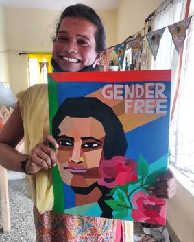 The canvases are usually vibrant portraits of the self or others from the community, or paintings of powerful trans symbols like clapping hands or the hermaphroditic hibiscus flower. One is titled Naavu Idhivi (Kannada for We Exist); another is Bloom; a third, Pride. (ht photo)