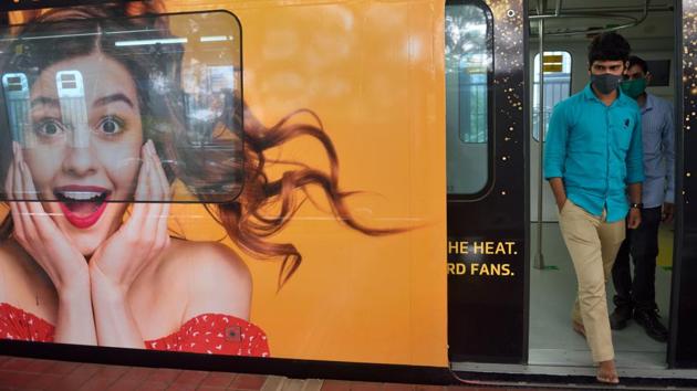 Commuters get off a train at Andheri Metro station in Mumbai on October 19. The BMC said campaigns like ‘Mission Zero’ and ‘My Family, My Responsibility’, aimed at detecting and treating people infected with Covid-19, have helped control the spread in Mumbai. (Satish Bate / HT Photo) Commuters get off a train at Andheri Metro station in Mumbai on October 19. The BMC said campaigns like ‘Mission Zero’ and ‘My Family, My Responsibility’, aimed at detecting and treating people infected with Covid-19, have helped control the spread in Mumbai. (Satish Bate / HT Photo)