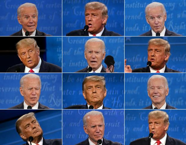 This combination of pictures created on October 22 shows US President Donald Trump and Democratic Presidential candidate and former US Vice President Joe Biden during the final presidential debate at Belmont University in Nashville, Tennessee.(AFP)