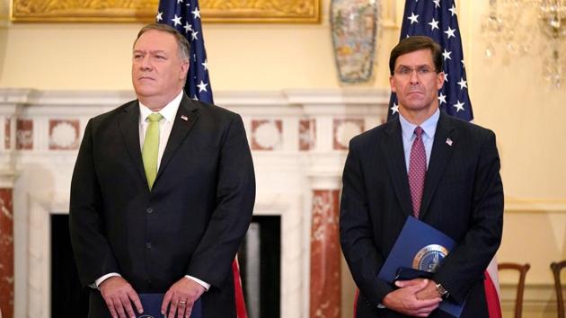 Mike Pompeo (left) and Mark Esper, the US secretaries of state and defence, are reaching New Delhi on Monday for the third annual 2+2 ministerial with their Indian counterparts S Jaishankar and Rajnath Singh.(Reuters file) Mike Pompeo (left) and Mark Esper, the US secretaries of state and defence, are reaching New Delhi on Monday for the third annual 2+2 ministerial with their Indian counterparts S Jaishankar and Rajnath Singh.(Reuters file)