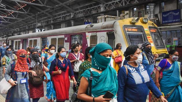 Women passengers exit a suburban train after authorities extended services to women during non-peak hours under ‘Mission Begin Again’ at CSMT in Mumbai on October 21.The Brihanmumbai Municipal Corporation (BMC) on October 21 highlighted a silver lining in the megacity’s Covid-19 situation and said that the doubling rate for cases had crossed the 100-day mark for the first time since the outbreak of the coronavirus. (PTI) Women passengers exit a suburban train after authorities extended services to women during non-peak hours under ‘Mission Begin Again’ at CSMT in Mumbai on October 21.The Brihanmumbai Municipal Corporation (BMC) on October 21 highlighted a silver lining in the megacity’s Covid-19 situation and said that the doubling rate for cases had crossed the 100-day mark for the first time since the outbreak of the coronavirus. (PTI)