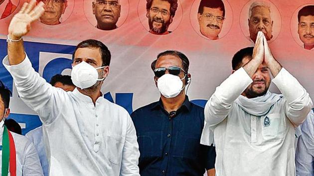 Congress leader Rahul Gandhi and RJD leader Tejashwi Yadav during a rally in Bihar on Friday. Congress leader Rahul Gandhi and RJD leader Tejashwi Yadav during a rally in Bihar on Friday.