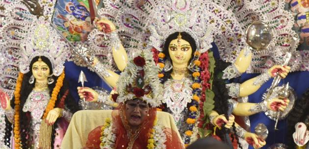 Lucknow, India-October 24, 2020: ‘’ Kumari Puja ‘’ during covid-19, at Ram Krishna Math, Nirala Nagar Lucknow, India, Saturday, 2020. (Dheeraj Dhawan/Hindustan Times)