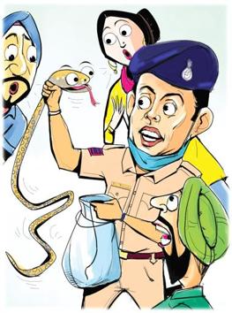 Living up to the Chandigarh Police motto, We care for you, constable Krishan Triyala turned snake-catcher for residents the other day. (ILLUSTRATION: BISWAJIT DEBNATH) Living up to the Chandigarh Police motto, We care for you, constable Krishan Triyala turned snake-catcher for residents the other day. (ILLUSTRATION: BISWAJIT DEBNATH)