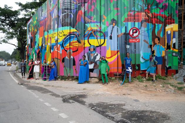 The group meets weekly at their studio space in Bengaluru. Learning to paint on canvas has added more discipline to their lives, says Aditi Patkar, a ciswoman from the collective. “It’s almost art as therapy. Some of the artists come, sit down, paint at their own pace and leave at the end of the day.” It’s more internal, with little of the boisterousness of a day outdoors, painting a wall. (ht photo)