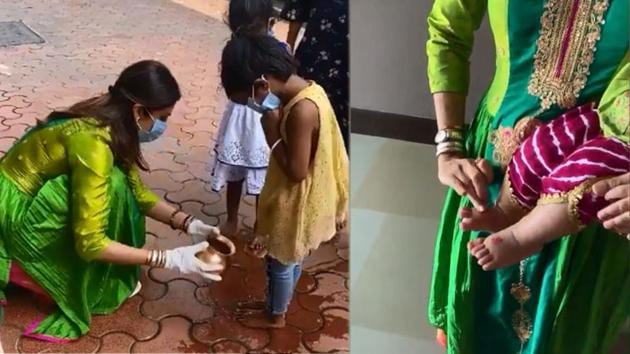 Shilpa Shetty performs kanya pooja with little girls and her daughter Samisha.