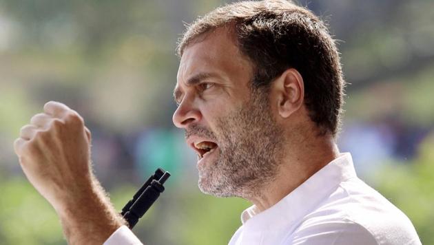 Congress leader Rahul Gandhi addresses a gathering during an election meeting, at Hisua in Nawada district.(PTI)