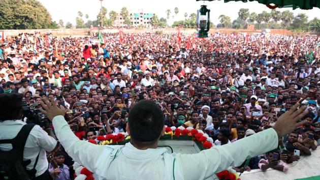 RJD leader Tejaswi Yadav addressing a crowd during an election meeting, ahead of Bihar Assembly elections, in Nalanda on Friday. (ANI) RJD leader Tejaswi Yadav addressing a crowd during an election meeting, ahead of Bihar Assembly elections, in Nalanda on Friday. (ANI)