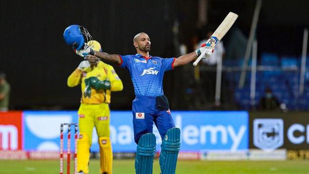 Delhi Capitals (DC) player Shikhar Dhawan celebrates after scoring a century during their Indian Premier League (IPL) T20 cricket match against Chennai Super Kings (CSK), at the Sharjah Cricket Stadium.(PTI)