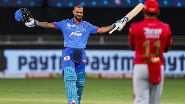 Delhi Capitals batsman Shikhar Dhawan celebrates his century during the Indian Premier League (IPL) T20 cricket match against Kings XI Punjab. (PTI) Delhi Capitals batsman Shikhar Dhawan celebrates his century during the Indian Premier League (IPL) T20 cricket match against Kings XI Punjab. (PTI)