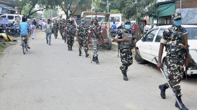 Sashastra Seema Bal (SSB) personnel patrol the villages of Kargahar block ahead of the Bihar Assembly Polls, in Rohtas district. (PTI) Sashastra Seema Bal (SSB) personnel patrol the villages of Kargahar block ahead of the Bihar Assembly Polls, in Rohtas district. (PTI)