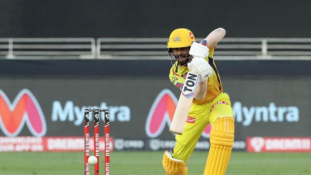 IPL 2020 RCB vs CSK: Ruturaj Gaikwad connects a crisp drive.(IPL/twitter)