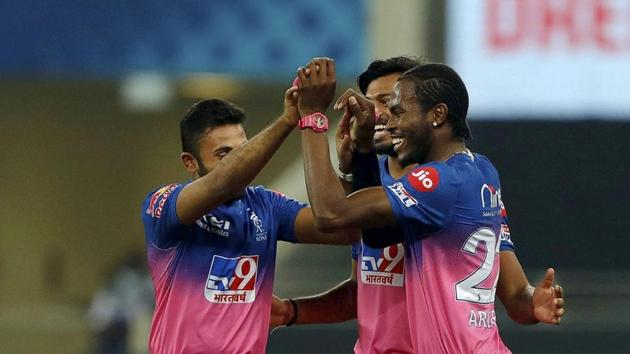 Rajasthan Royals player Jofra Archer celebrates the wicket of Sunrisers Hyderbad David Warner during the Indian Premier League 2020 cricket match, at Dubai International Cricket Stadium, in Dubai.(PTI)