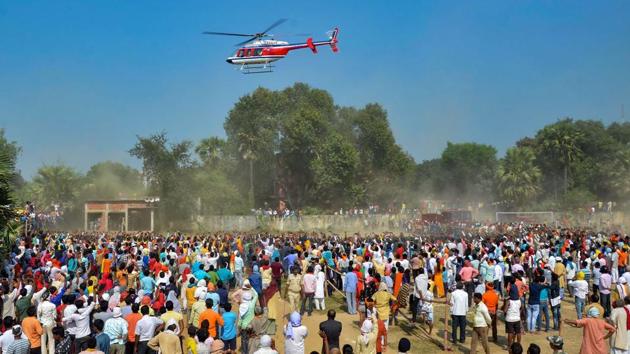BJP MP Manoj Tiwari leaves in a chopper after an election campaign in Kaimur district on October 26. (PTI) BJP MP Manoj Tiwari leaves in a chopper after an election campaign in Kaimur district on October 26. (PTI)