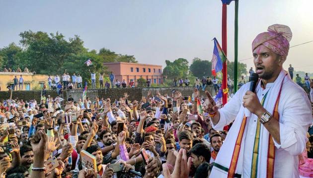 Buxar: Lok Janshakti Party (LJP) President Chirag Paswan addresses a rally ahead of Bihar assembly polls, in Buxar district, Sunday, Oct. 25, 2020. (PTI Photo)