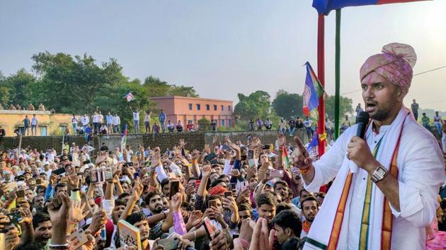 Lok Janshakti Party (LJP) President Chirag Paswan addresses a rally ahead of Bihar assembly polls, in Buxar district.(PTI)