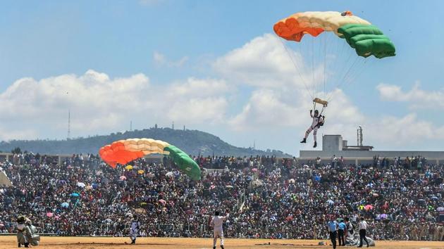 Akash Ganga, the skydiving team of the Indian Air Force (IAF), perform during Dasara Air Show at Bannimantap Grounds, in Mysuru, last year. (PTI file photo) Akash Ganga, the skydiving team of the Indian Air Force (IAF), perform during Dasara Air Show at Bannimantap Grounds, in Mysuru, last year. (PTI file photo)