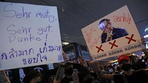 Pro-democracy protesters hold banners near German Embassy in Bangkok, Thailand . REUTERS(REUTERS) Pro-democracy protesters hold banners near German Embassy in Bangkok, Thailand . REUTERS(REUTERS)