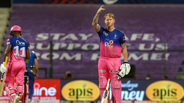 Ben Stokes of Rajasthan Royals celebrates his century during Indian Premier League (IPL) match between the Rajasthan Royals and the Mumbai Indians, at the Sheikh Zayed Stadium in Abu Dhabi, Sunday, Oct. 25. (PTI) Ben Stokes of Rajasthan Royals celebrates his century during Indian Premier League (IPL) match between the Rajasthan Royals and the Mumbai Indians, at the Sheikh Zayed Stadium in Abu Dhabi, Sunday, Oct. 25. (PTI)