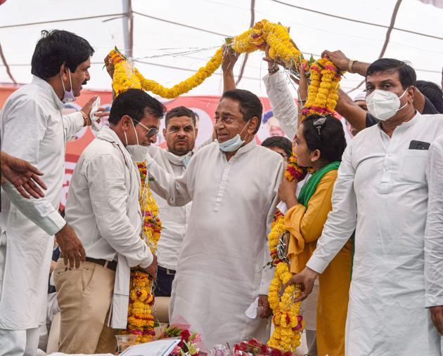 Former chief minister and senior Congress leader Kamal Nath during a public meeting ahead of the by-elections, at Sanwer village in Indore. (PTI)