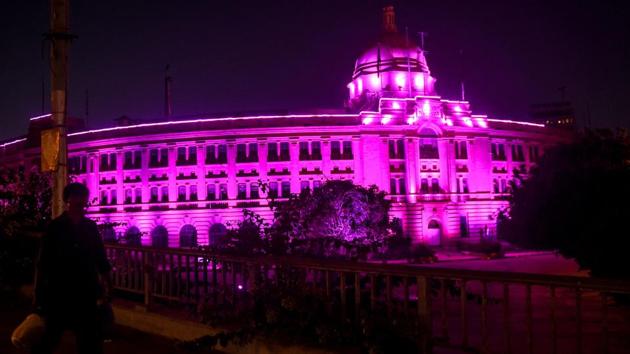 In picture - Building lit with pink light on the occasion of the breast cancer awareness month in Karachi on October 10, 2020.(AFP) In picture - Building lit with pink light on the occasion of the breast cancer awareness month in Karachi on October 10, 2020.(AFP)