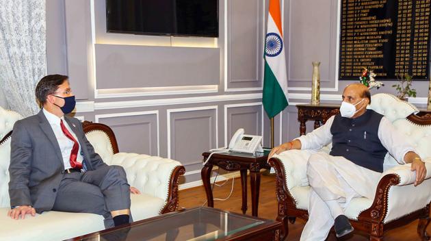Defence Minister Rajnath Singh during a meeting with US Secretary of Defence, Dr. Mark Esper to discuss India-US defence relations and mutual cooperation, in New Delhi.(PTI photo)