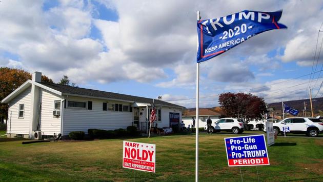 Signs and flags are displayed on the front lawn of a Trump supporter house in Olyphant on October 23. Some states key to the election outcome, such as Texas--the Election Project said on October 25 that 80 percent of the early 2016 vote had already turned out. (Kena Betancur / AFP)