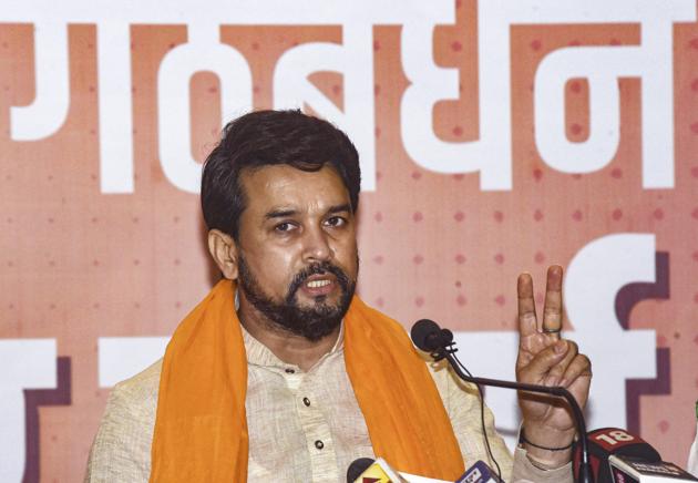 MoS for Finance Anurag Thakur addresses a press conference ahead of the Bihar Assembly Elections, in Patna.(PTI) MoS for Finance Anurag Thakur addresses a press conference ahead of the Bihar Assembly Elections, in Patna.(PTI)