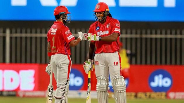 Kings XI Punjab batsmen Chris Gayle and KL Rahul during the Indian Premier League (IPL) cricket match against Royal Challengers Bangalore, at Sharjah Cricket Stadium, in Sharjah. (PTI) Kings XI Punjab batsmen Chris Gayle and KL Rahul during the Indian Premier League (IPL) cricket match against Royal Challengers Bangalore, at Sharjah Cricket Stadium, in Sharjah. (PTI)