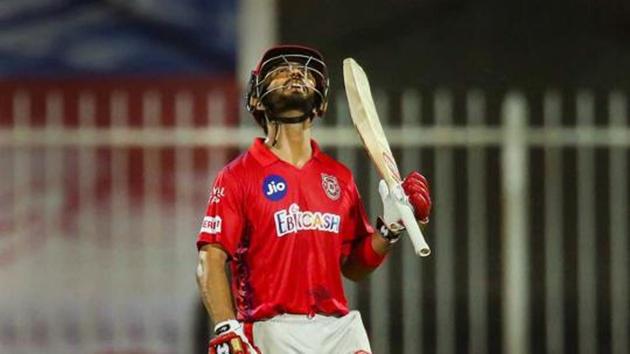 Mandeep Singh of Kings XI Punjab after reaching his half-century during the Indian Premier League (IPL) cricket match against Kolkata Knight Riders, in Sharjah.(PTI)