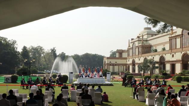 Mark Esper, US secretary of defense, from left, Michael Pompeo, US Secretary of State, Rajnath Singh, India's defense minister, and Subrahmanyam Jaishankar, India's foreign minister, attend a news conference at Hyderabad House in New Delhi.(Bloomberg) Mark Esper, US secretary of defense, from left, Michael Pompeo, US Secretary of State, Rajnath Singh, India's defense minister, and Subrahmanyam Jaishankar, India's foreign minister, attend a news conference at Hyderabad House in New Delhi.(Bloomberg)