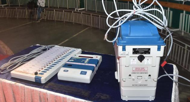 An Electronic Voting Machine (EVM) and Voter Verified Paper Audit Trail (VVPAT) device (Photo by Parwaz Khan / Hindustan Times)