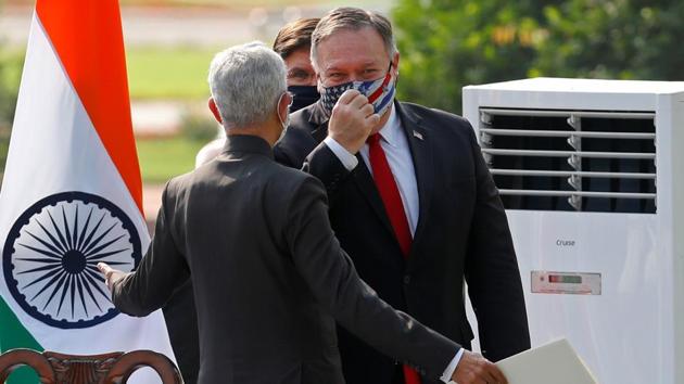 US Secretary of State Mike Pompeo talks to India's Foreign Minister Subrahmanyam Jaishankar after a joint news conference with India's Defence Minister Rajnath Singh and US Secretary of Defence Mark Esper, following their meeting at Hyderabad House in New Delhi.(REUTERS)