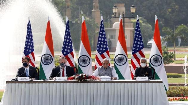 India's Defence Minister Rajnath Singh speaks next to US Secretary of State Mike Pompeo, US Secretary of Defence Mark Esper and India's Foreign Minister Subrahmanyam Jaishankar during a joint news conference after their meeting at Hyderabad House in New Delhi.(Reuters) India's Defence Minister Rajnath Singh speaks next to US Secretary of State Mike Pompeo, US Secretary of Defence Mark Esper and India's Foreign Minister Subrahmanyam Jaishankar during a joint news conference after their meeting at Hyderabad House in New Delhi.(Reuters)