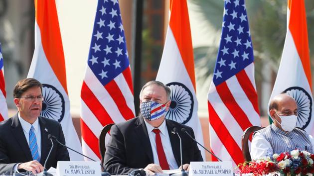 US Secretary of Defence Mark Esper addresses the media with US Secretary of State Mike Pompeo and Defence Minister Rajnath Singh during a joint news conference after their meeting at Hyderabad House in New Delhi.(REUTERS PHOTO.)