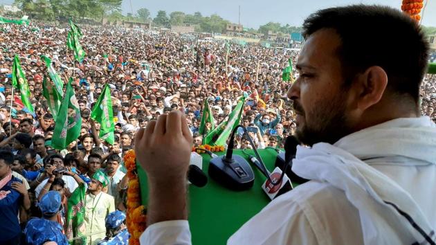 RJD leader Tejashwi Yadav addresses an election meeting on upcoming Bihar Assembly polls in Bhagalpur district.(ANI) RJD leader Tejashwi Yadav addresses an election meeting on upcoming Bihar Assembly polls in Bhagalpur district.(ANI)