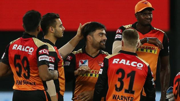 IPL 2020: Sunrisers Hyderabad players celebrate a wicket.(IPL/Twitter)