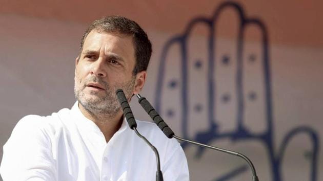 Congress leader Rahul Gandhi addressed a gathering during an election rally at West Champaran on Wednesday.(PTI)