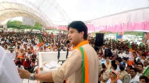 BJP Rajya Sabha MP Jyotiraditya Scindia addresses during an election campaign rally in support of party's contestant Ranveer Jatav in village Barahed, Gohad, Bhind district on Monday. (ANI Photo) BJP Rajya Sabha MP Jyotiraditya Scindia addresses during an election campaign rally in support of party's contestant Ranveer Jatav in village Barahed, Gohad, Bhind district on Monday. (ANI Photo)