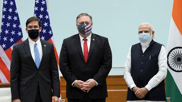 Prime Minister Narendra Modi (R) with US secretary of state Mike Pompeo (C) and US secretary of defense Mark Esper in New Delhi on Tuesday.(AFP)
